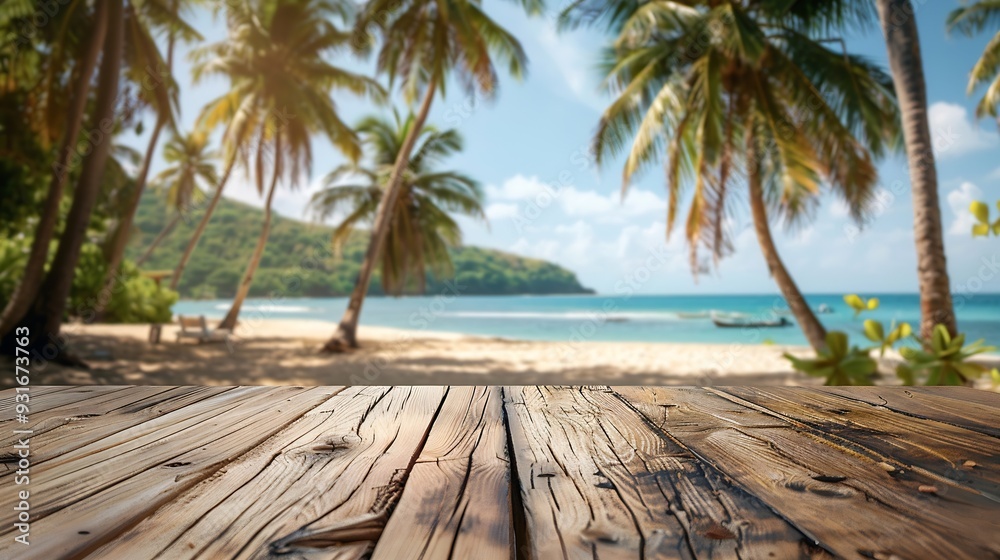 Aufkleber Empty wooden table with blurred beach with coconut trees in the background : Generative AI