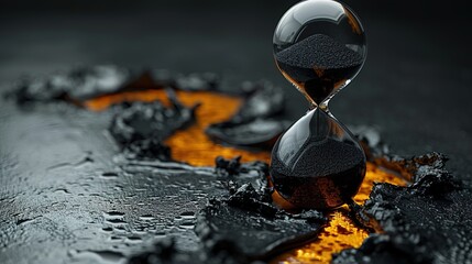 An hourglass filled with black oil instead of sand, representing the finite nature of fossil fuels and the urgency of the energy crisis.energy crisis solutions,sustainable energy sources