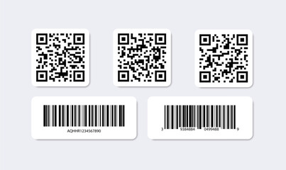 QR code and barcode set. Square and rectangular sign. Codes for identification products in store. Vector template graphic.