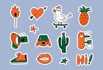 Groovy hand-drawn stickers set. Funny heart, duck, pineapple, dog, match, cactus, hand, camera, knife, sneaker, lips in trendy cartoon style.Vector illustration.