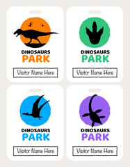 Dinosaurs park visitor badge multicolor template. Tyrannosaurus, pterosaur, plesiosaur and foot print. Hand-drawn vector illustration.