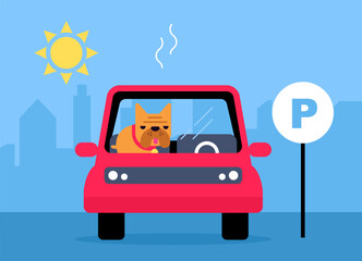 Caution no dog inside in a hot car or parking in the sun. Warning of possible danger of overheating from animals. No dog in hot vehicle. Vector illustration