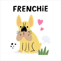 Cute french bulldog. The dog farted. Vector hand-drawn illustration.
