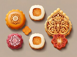Fototapeta premium Zhongqiu mooncakes patterns. AI generated