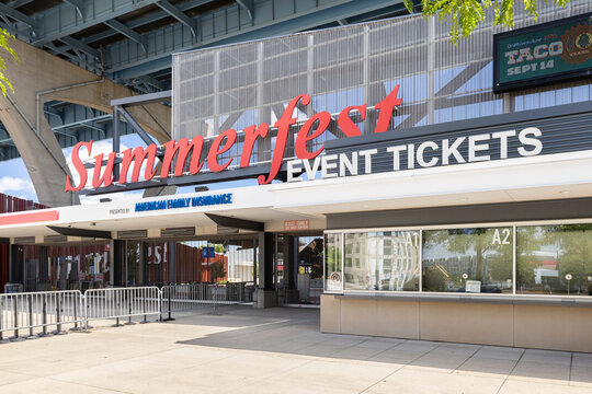 Milwaukee, WI, USA - August 12, 2024: The entrance to Summerfest in downtown Milwaukee. Summerfest is an annual multi-day music festival located at Henry Maier Festival Park on the lakefront.	