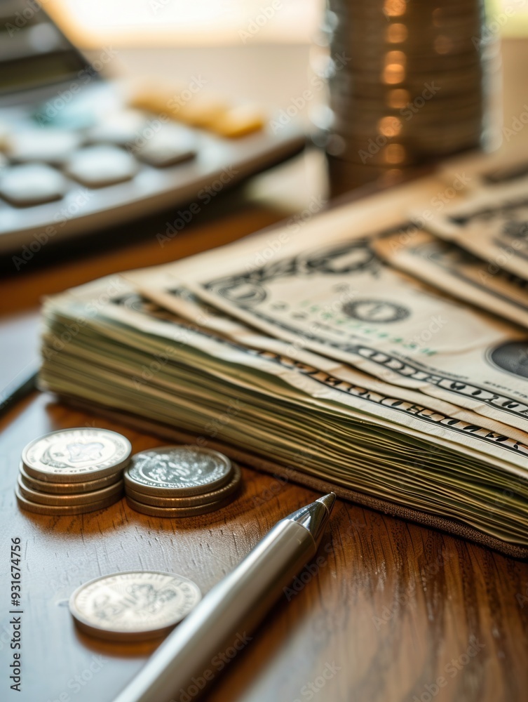 Fototapete a stack of cash, coins, and an open notebook filled with financial calculations and notes sit on a w