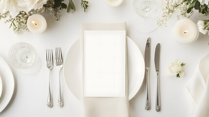 Elegant wedding table setting with a blank place card on a white plate. Perfect mockup for wedding invitations, event branding, or menu design in an upscale, refined atmosphere