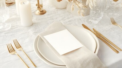 Elegant wedding table setting with a blank place card on a white plate. Perfect mockup for wedding invitations, event branding, or menu design in an upscale, refined atmosphere