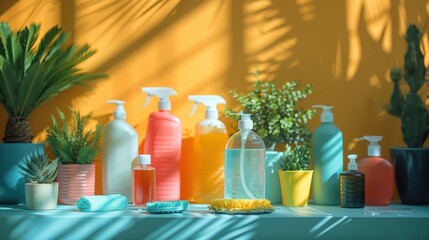 Bottles of cleaning products , cleaning service