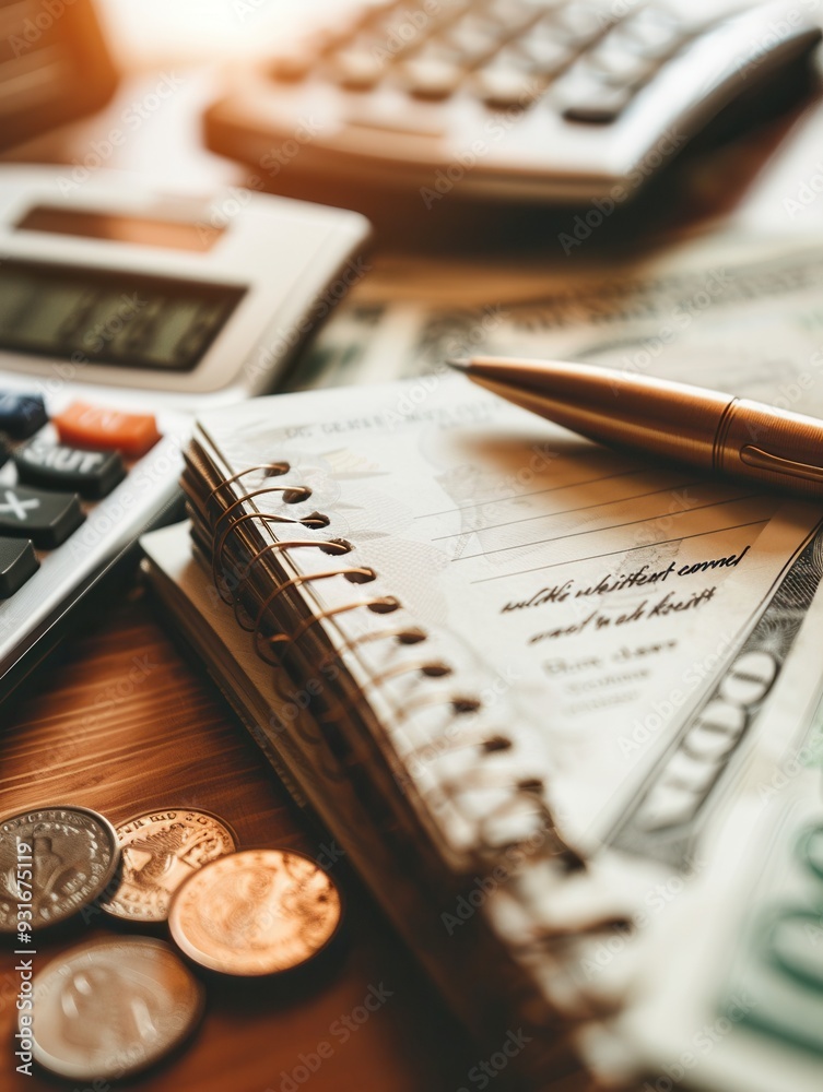 Fototapete A stack of cash, coins, and an open notebook filled with calculations sits next to a calculator during a focused budgeting session. Generative AI