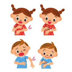 虫に刺される子供と薬を塗って治している子供達