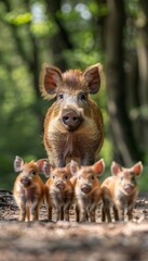Fototapeta premium Protective Wild Boar Sow Stands Guard Over Her Adorable Piglets on a Sunlit, Forest Floor.