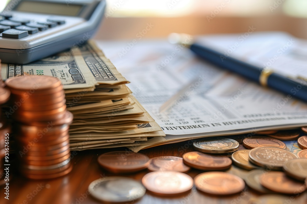 Leinwandbilder a stack of cash alongside coins and an open notebook filled with notes and calculations suggests act
