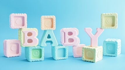 A playful arrangement of pastel baby blocks spelling out "BABY," [baby blocks], [playful and cheerful]