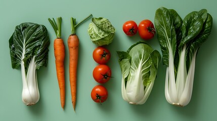 Fresh vegetables on green background carrot tomato and pak choi cabbage
