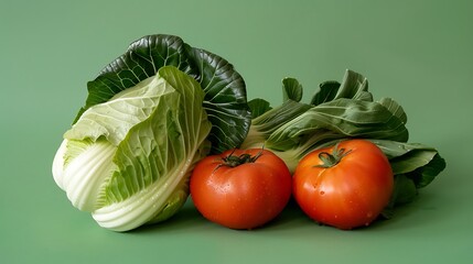 Fresh vegetables on green background carrot tomato and pak choi cabbage