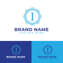 Initial I blue circle shine wavy zig zag smooth corner logo symbol icon flat stock vector design
