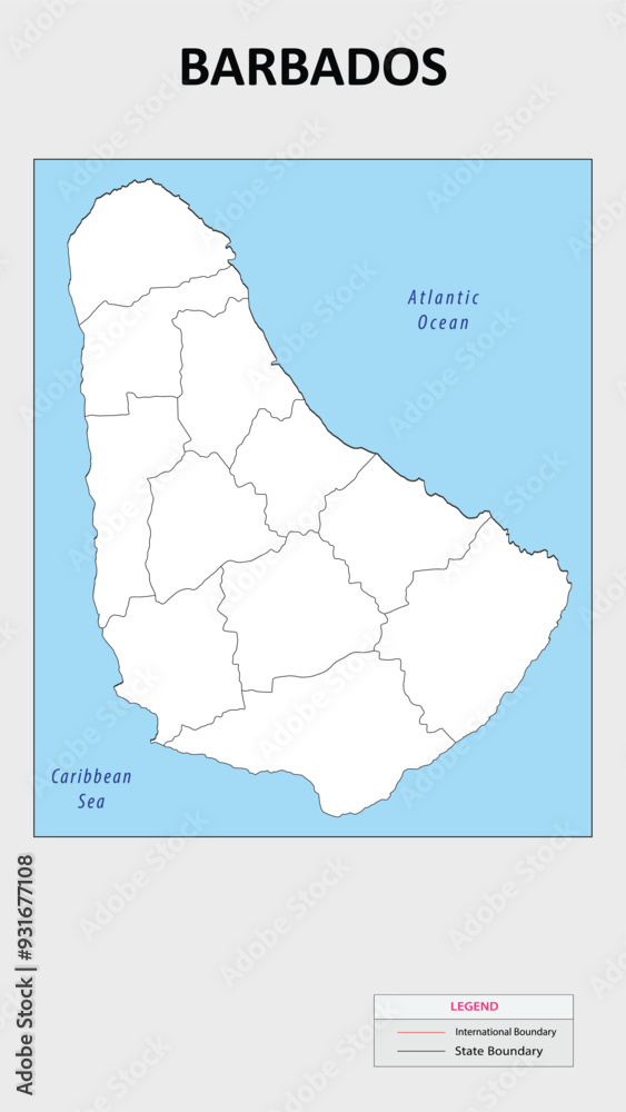 Poster Barbados Map. Political map of Barbados with state border in outline. Political map of Barbados with outline and neighbouring countries.