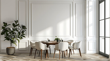 A modern dining room with a wooden table and white chairs. The room is decorated with a plant in a pot and has large windows.