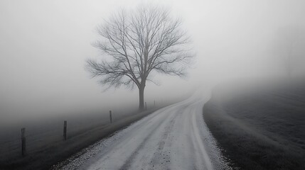 Obraz premium A lone tree stands tall on a misty road, creating an eerie atmosphere.