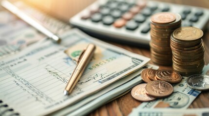 A stack of cash and coins sits beside an open notebook filled with calculations, alongside a calculator in a warm, inviting workspace. Generative AI