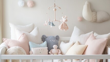 A sweet scene of a baby crib with plush toys, a mobile, and soft pillows in pastel tones, [baby crib setup], [peaceful and cozy]