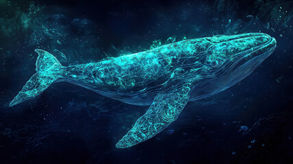 Naklejka premium A massive blue whale on a dark ocean background, illustrated with glowing neon threads in blue-green and cyan, creating a neon backlight effect with textured highlights.