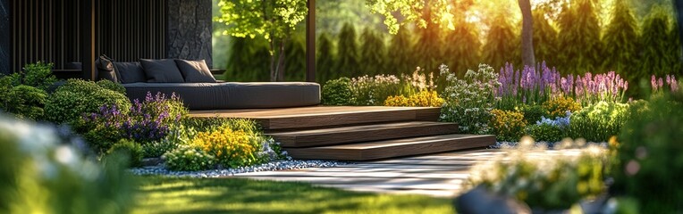 Obraz premium Serene Garden Pathway with Wooden Steps and Flowers
