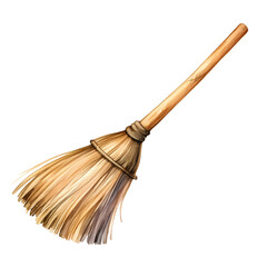 Watercolor of Wooden Broom Stick on Plain White Background