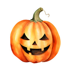 Watercolor Painted Carved Halloween Pumpkin with Smiling Face on White Background