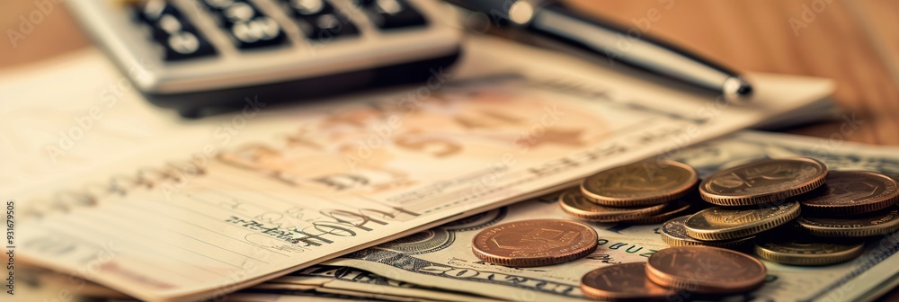 Fototapete a stack of cash and coins sit beside an open notebook filled with calculations during a financial pl