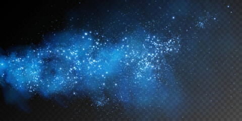 Obraz premium Fantastic smoke background. Magic smoke with glitter and small particles of twinkling stars, fog with luminous particles, blue vapor with stardust. Vector illustration. 