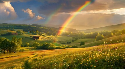 Obraz premium Full arc of double rainbow over summer evening rural landscape panoramic view of hills with deep forests covered golden colored meadow with sun beams village near forest