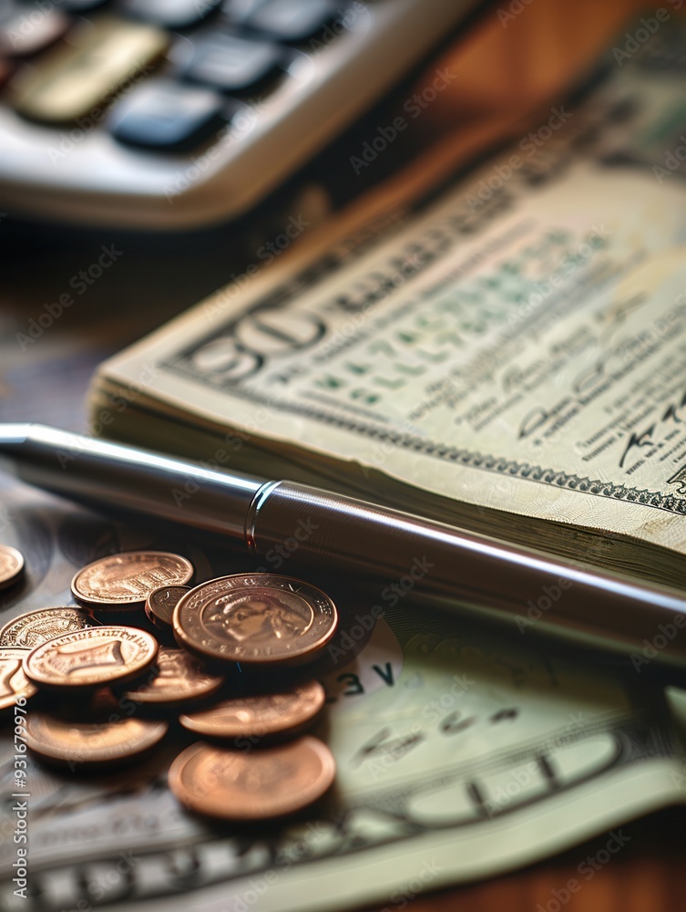 Fototapete a notebook filled with notes and calculations rests next to a stack of cash and scattered coins, ill
