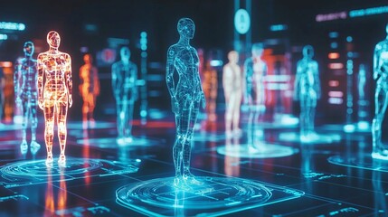 Digital human figures in a futuristic interface symbolize personalized medicine and precise diagnostics.