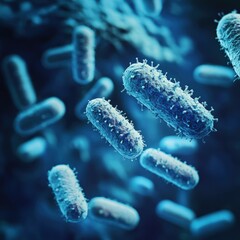 Fototapeta premium Bacteria are observed forming colonies and interacting under a microscope, showcasing their growth and structure in a laboratory setting
