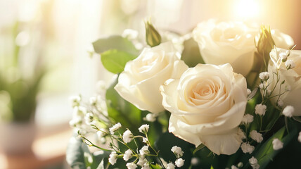 A delicate bouquet of white roses and gypsophila with green leaves, crafted by a florist, set in a bright, sunlit modern interior, radiating happiness and peace.