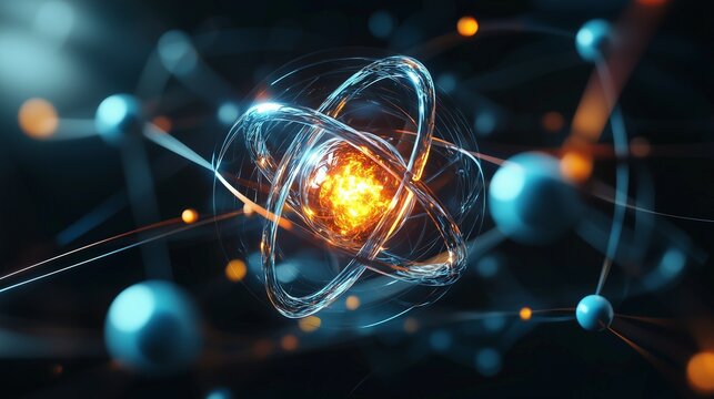 Visualization of atomic structure with electrons orbiting a nucleus, representing fundamental concepts in quantum mechanics.