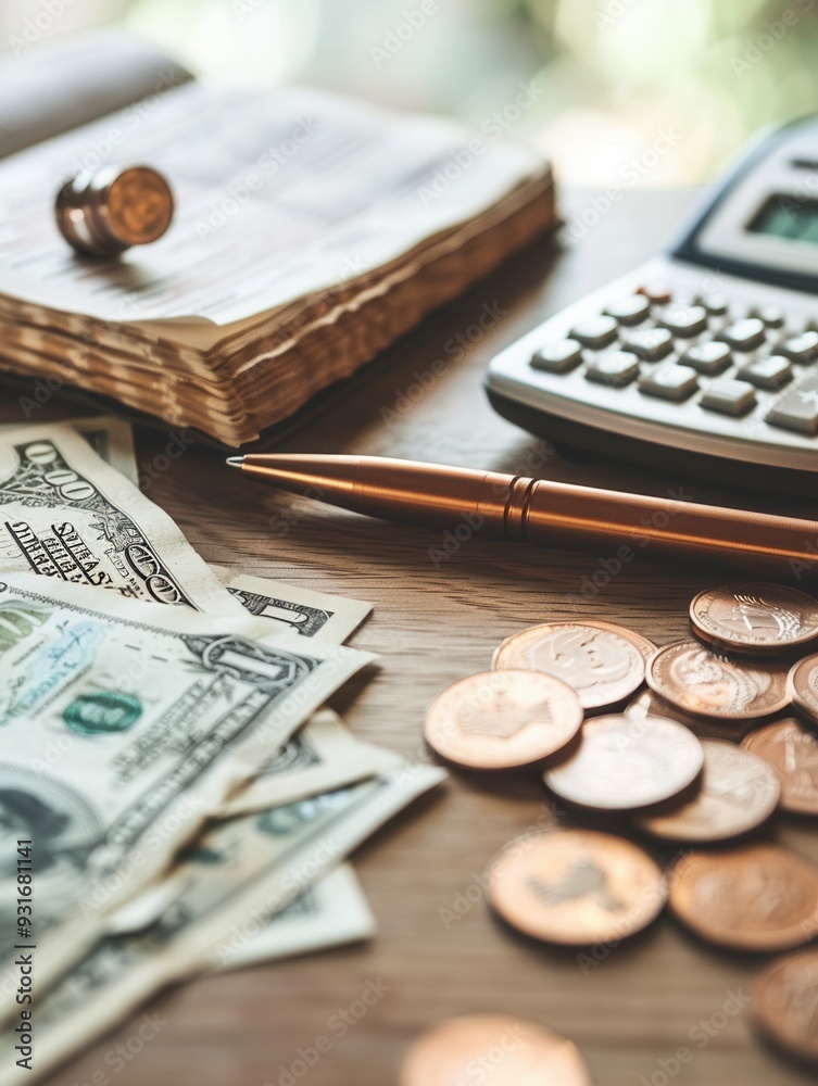 Leinwandbilder a stack of cash and coins rests beside an open notebook filled with financial notes, all arranged on