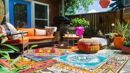 Vibrant home decor patio with colorful rugs comfortable furniture and a serene ambiance created by natural sunlight