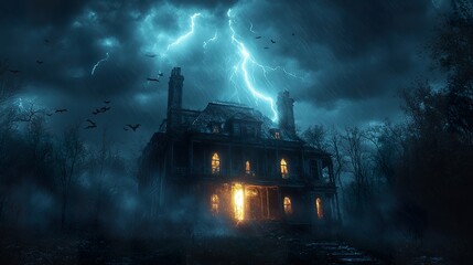 Fototapeta premium A haunted mansion on a hill, with lightning striking and bats flying around