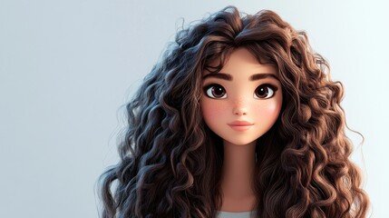 Fototapeta premium Charming 3D cartoon brunette girl with long curly hair Joyful character with wavy curls Trendy fashion beauty and makeup scene Spa treatment and care fantasy