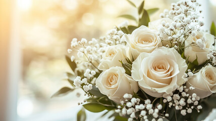 Fototapeta premium A delicate bouquet of white roses and gypsophila with green leaves, crafted by a florist, set in a bright, sunlit modern interior, radiating happiness and peace.