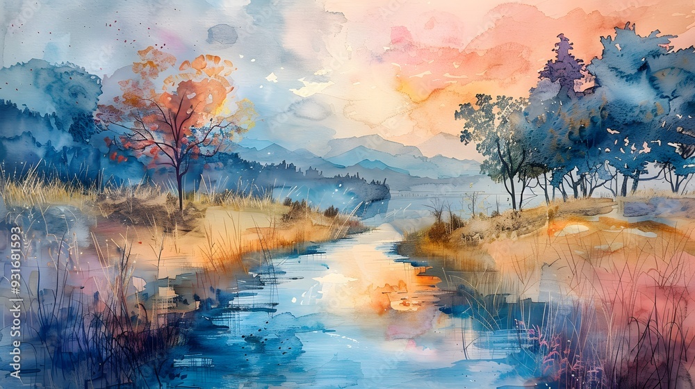 Canvas Prints Abstract Watercolor Landscape with River and Trees.