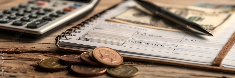 Fototapete a collection of cash and coins rests beside a notebook filled with calculations and notes, with a ca