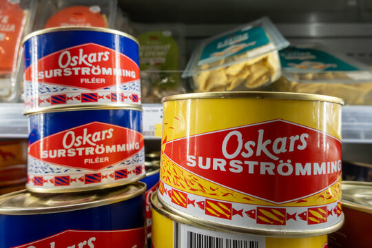 Oregrund, Sweden The Swedish rotten fish delicacy called surstromming in cans in a supermarket.