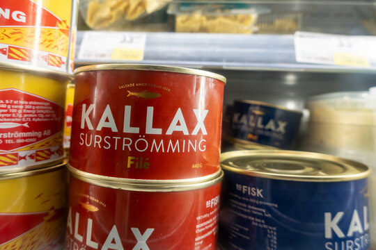 Oregrund, Sweden The Swedish rotten fish delicacy called surstromming in cans in a supermarket.