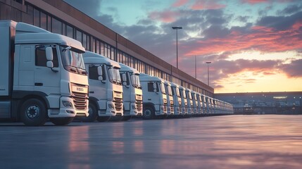 Ruby-white trucks lined up at a warehouse with a loading dock and hangar, set against a blue sky sunset. AI generated illustration