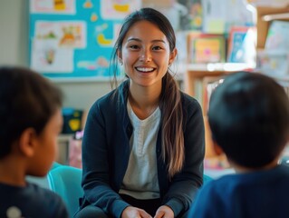 Smiling Teacher Engaging with Young Students in Bright Classroom Environment