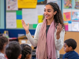 Enthusiastic Young Teacher Engaging with Diverse Classroom of Attentive Students